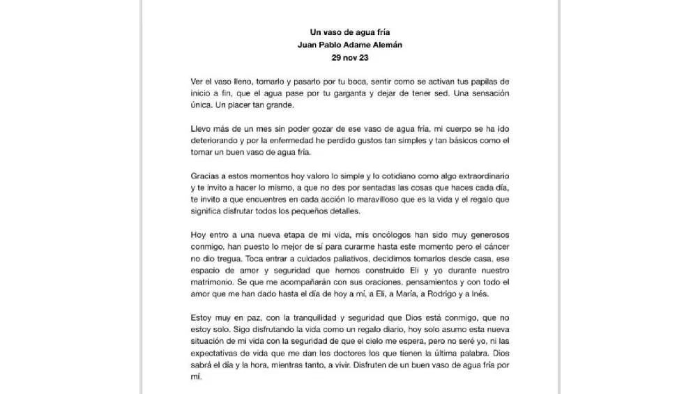 Hace una semana publicó una emotiva carta en sus redes sociales.
