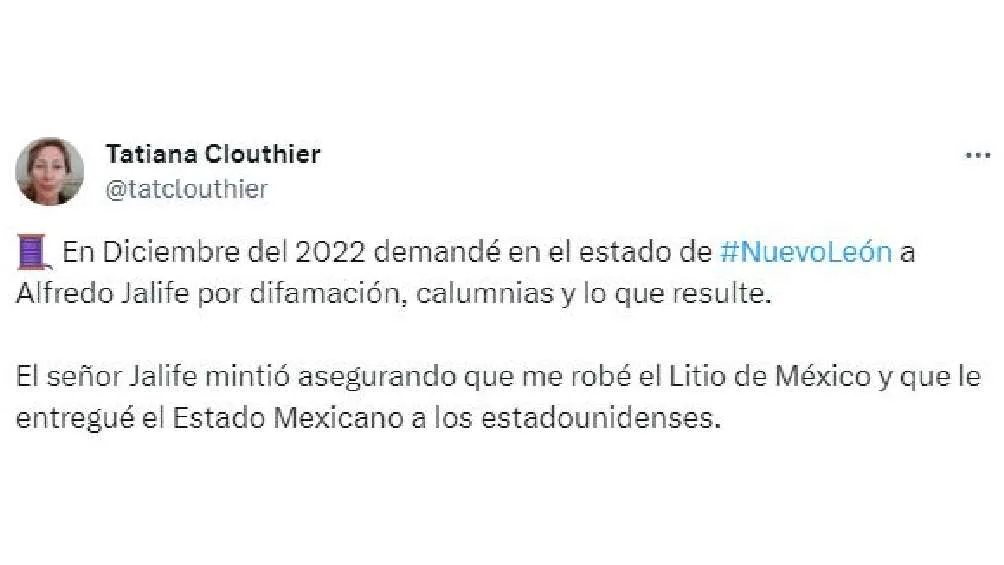 CAPTURA DE PANTALLA: Twitter: @tatclouthier Tatiana Clouthier negó que se haya robado el Litio del país.