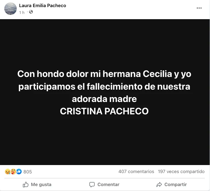 FB: @lauraemiliapacheco Su hija fue la primera en dar a conocer el fallecimiento de la periodista.