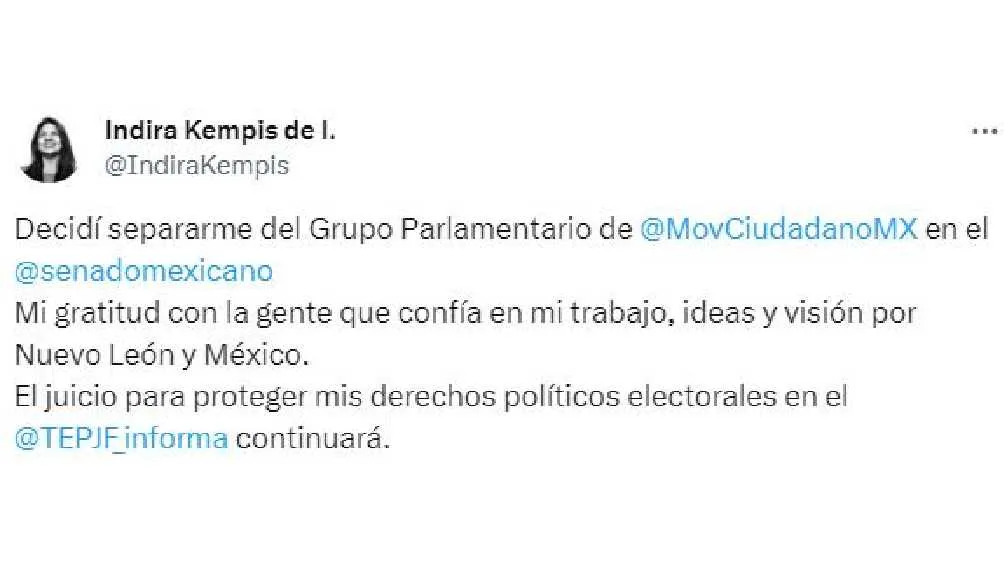 Mediante redes sociales, la legisladora dio a conocer su decisión de apartarse de la bancada naranja.