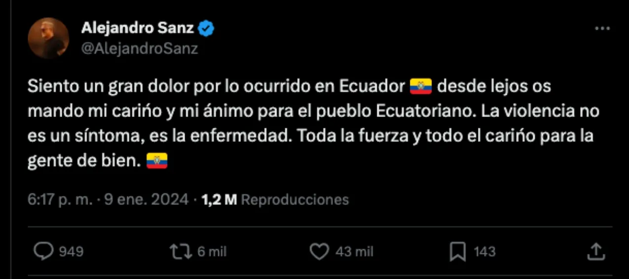 @AlejandroSanz El español Alejandro Sanz lamentó lo ocurrido en Ecuador.