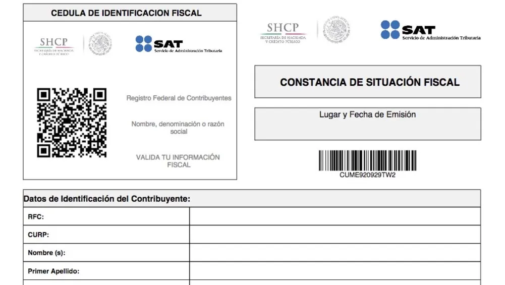 Parte del formato de la constancia de situación fiscal.