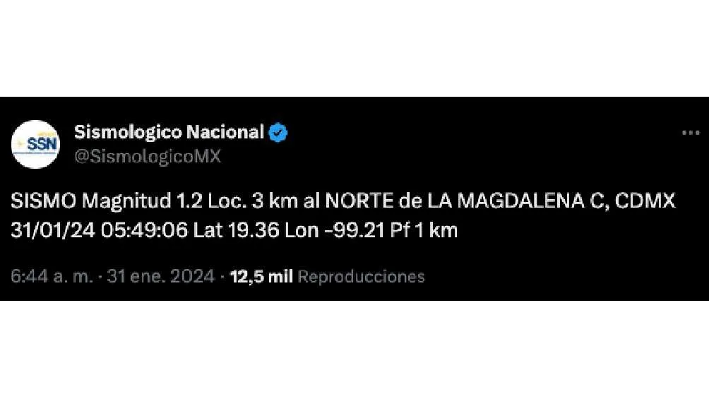 CAPTURA DE PANTALLA: @SismologicoMX El Servicio Sismológico Nacional reportó que fue de magnitud 1.2 grados.