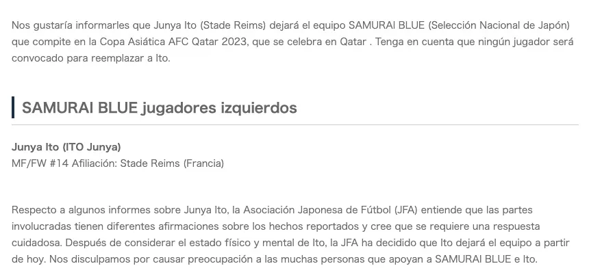 Así fue el comunicado de la Asociación Japonesa de Futbol