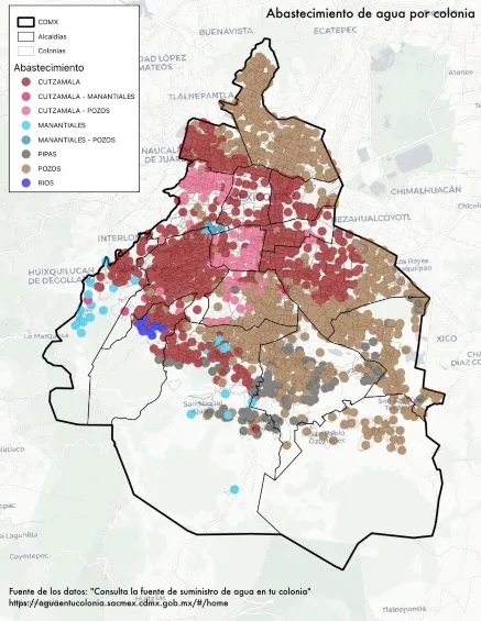 Uno de los mapas de la CDMX de acuerdo al suministro de agua.