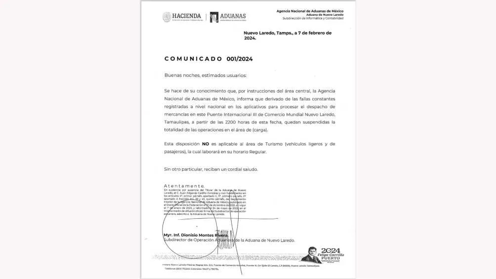 La aduana de Nuevo Laredo informó mediante un comunicado las fallas del sistema.