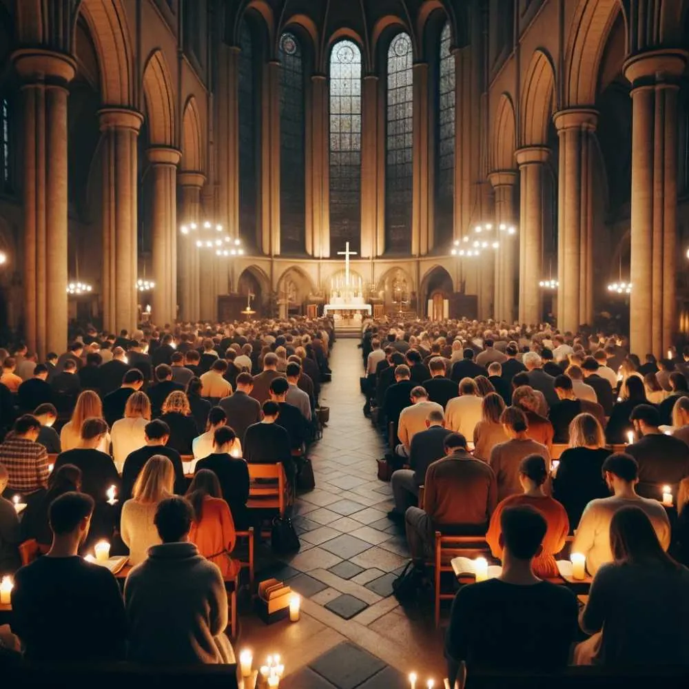 DALL-E Esta imagen captura a un grupo de personas reunidas en una iglesia para un servicio de oración.