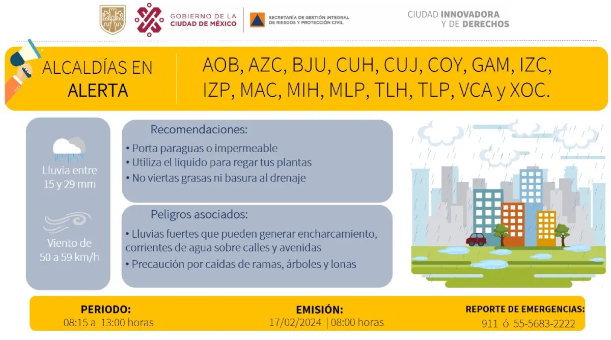 Se espera que las lluvias paren un poco después de las 13:00 hrs.