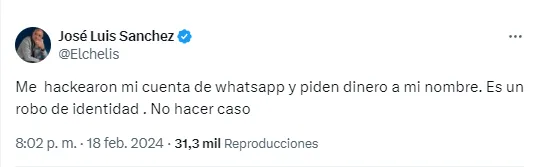 CAPTURA El Chelís avisó a sus seguidores que había sido hackeado