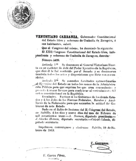 Documento enviado a Venustiano Carranza para la formación del ejército.