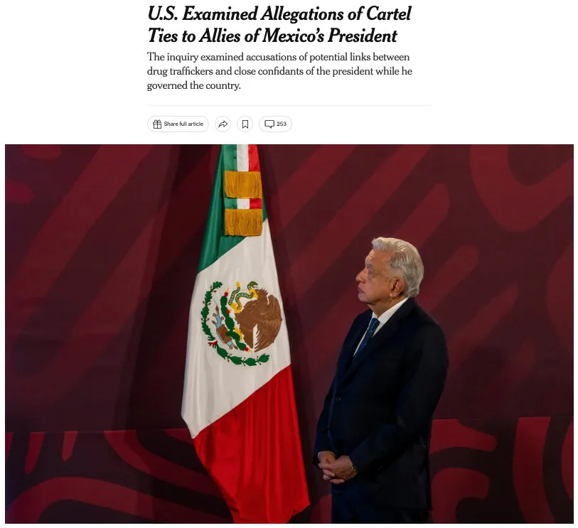 nytimes.com El artículo de The New York Times no relaciona a AMLO con el narco.
