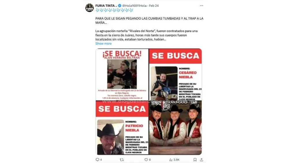 CAPTURA DE PANTALLA: Twitter: @Hola16811Hola Los músicos fueron reportados como desaparecidos al ser secuestrados en plena presentación.