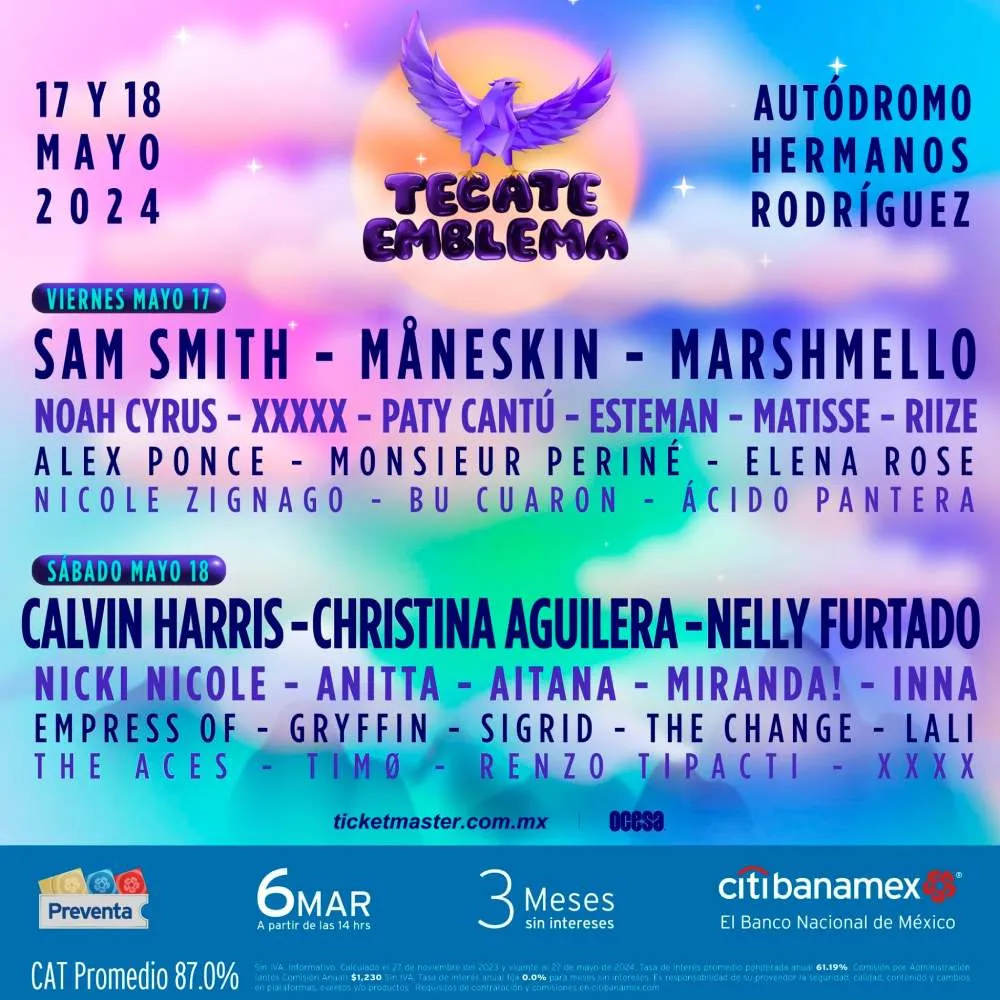 FB: @TecateEmblema El cartel sigue siendo muy colorido con sus cantantes y grupos.