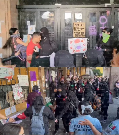 X: @victorcabreramx En Celaya, Guanajuato, un hombre terminó herido tras enfrentar a las manifestantes.