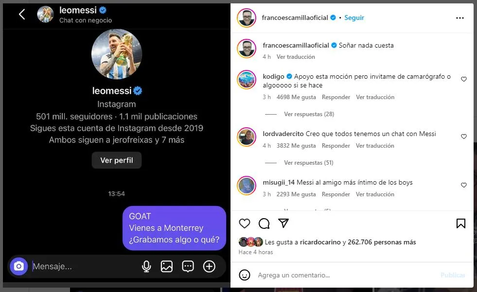 Así compartió Escamilla el mensaje que el envió a Messi