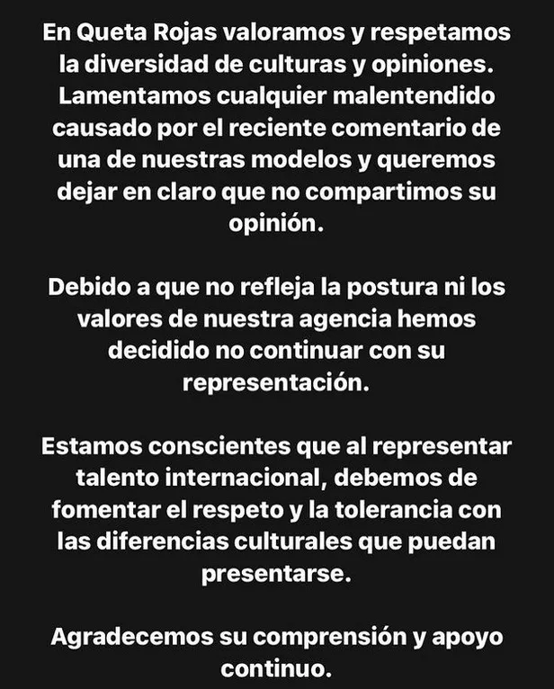 La agencia a la que pertenecía se deslindo de sus comentarios y relación laboral.