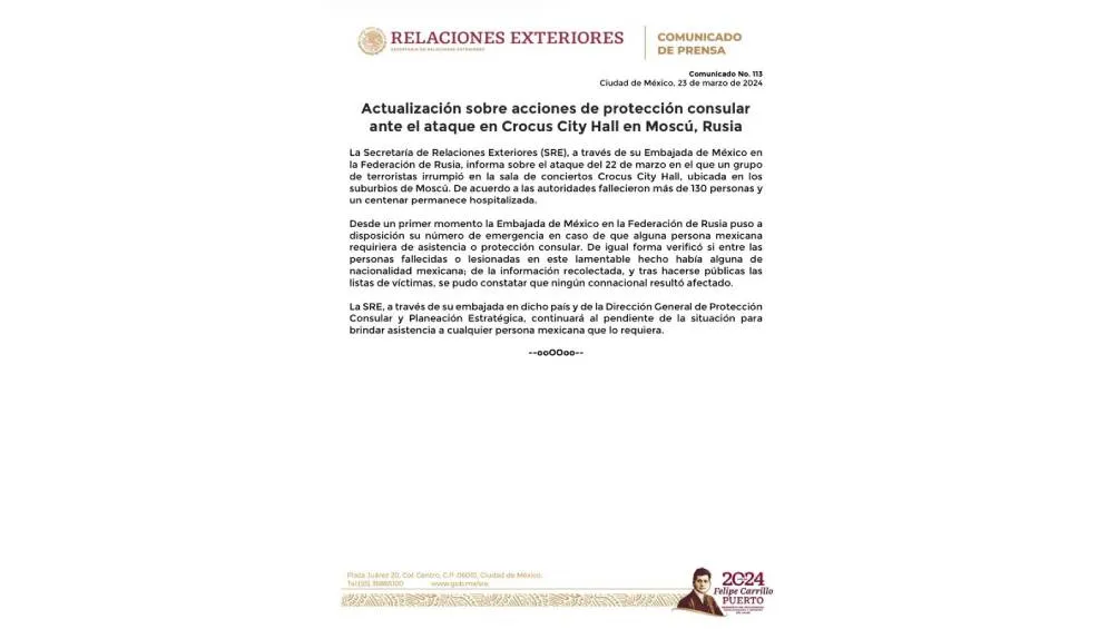 La cancillería emitió un comunicado que tras incidente en Moscú no se encuentran mexicanos lesionados ni fallecidos Foto Captura de pantalla