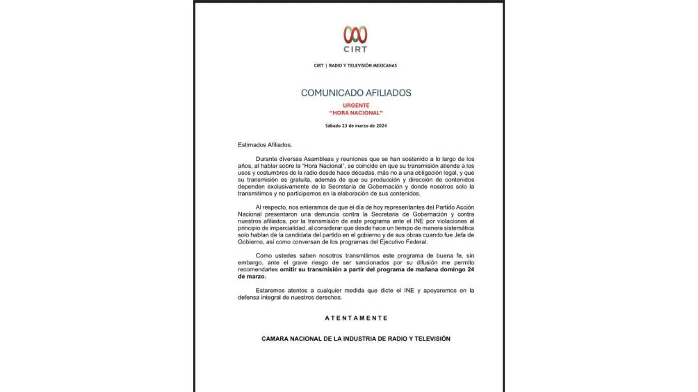 Comunicado La Cámara Nacional de la Industria de Radio y Televisión SPR Informa