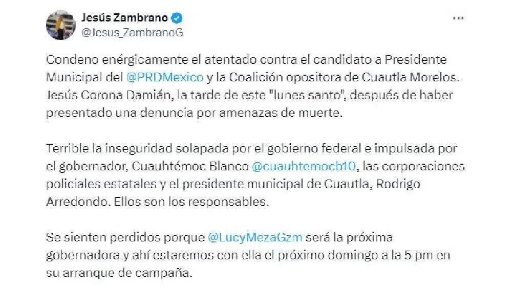 El presidente del PRD, Jesús Zambrano, culpó al Gobernador de Morelos, Cuauhtémoc Blanco.