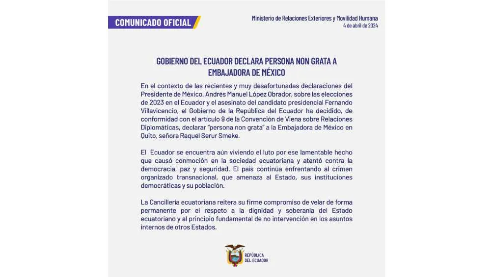 Mediante un comunicado, el Gobierno de Ecuador dio a conocer su postura.