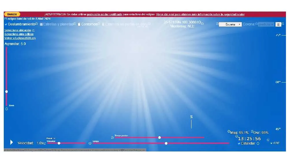 El simular te proyectará una animación de la trayectoria del Sol hasta quedar cubierto por la Luna.