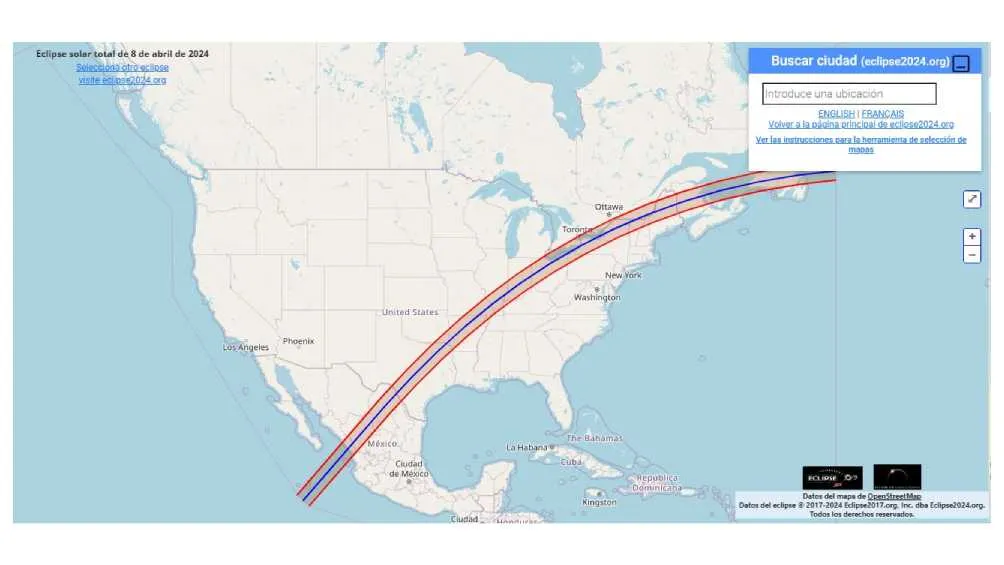 Un vez dentro del sitio, podrás buscar el lugar desde donde quieres ver cómo lucirá el Eclipse Solar.