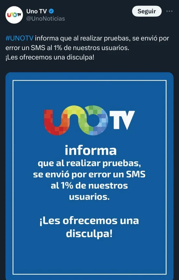 CAPTURA DE PANTALLA: TWITTER UNOTV pidió disculpas en redes sociales