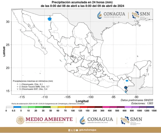 @conagua_clima El mapa de lluvias de hoy 9 de abril 2024.