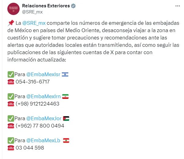 SRE comparte números de emergencia de las embajadas Foto Captura de pantalla