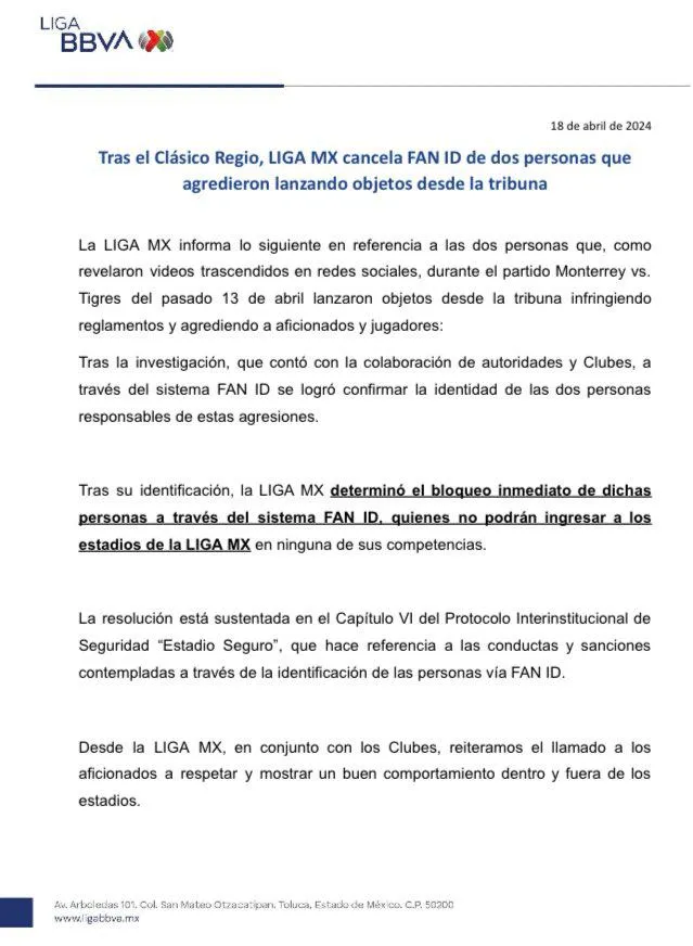 El comunicado de la Liga MX