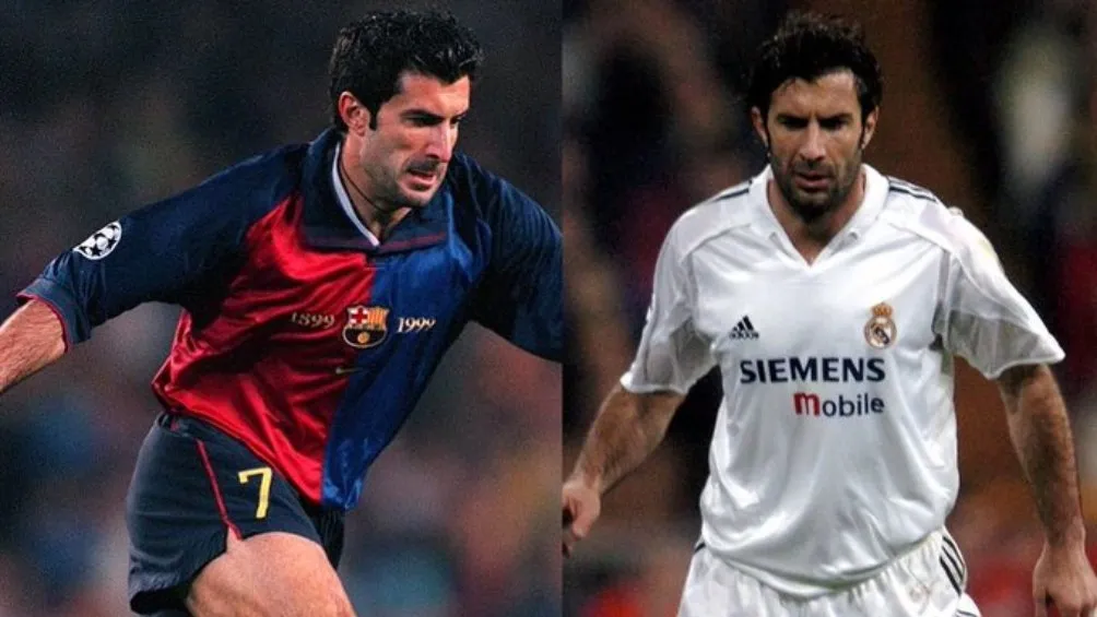 Luis Figo con las camisetas del Barcelona y Real Madrid