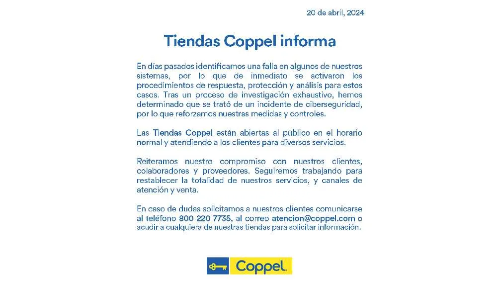 La tienda Coppel informó que las fallas se debieron a un incidente de ciberseguridad.