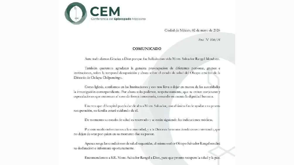 El Episcopado Mexicano pidió no hacer especulaciones sobre el caso.