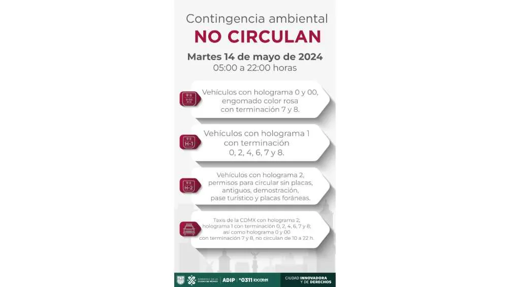 Twitter: @locatel_mx Estos son los vehículos que no podrán circular este 14 de mayo en el Valle de México.
