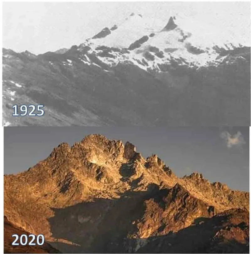Comparativa del último siglo en el Glaciar La Corona, que hace tan solo unas décadas cubría los picos Humboldt y Bonpland