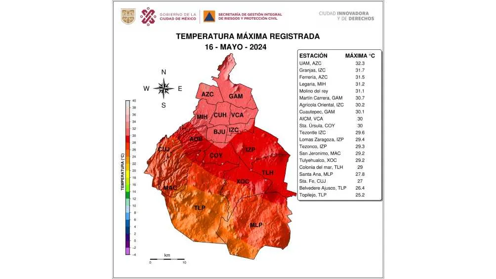 Twitter: @SGIRPC_CDMX Este jueves 16 mayo la temperatura máxima en la CDMX fue de 32.3°C, registrada en Azcapotzalco.