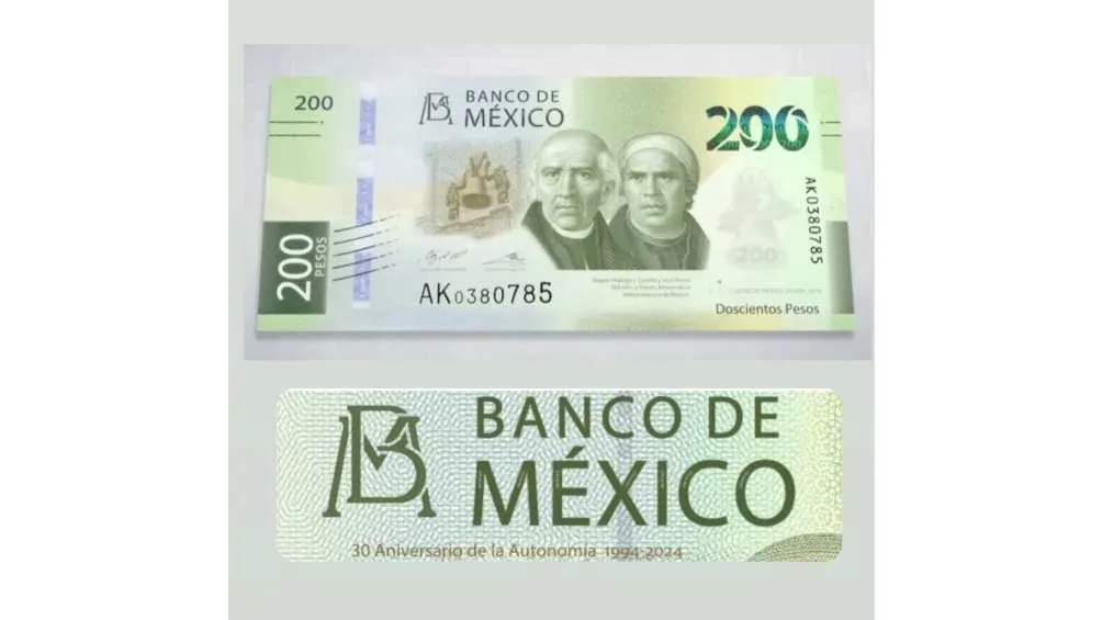 Banco de México Este nuevo billete de 200 pesos lleva la leyenda “30 Aniversario de la Autonomía 1994-2024″.