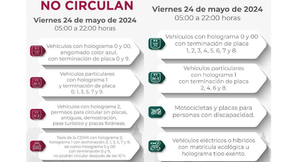 Estas son las restricciones vehiculares para este viernes 24 de mayo de 2024.