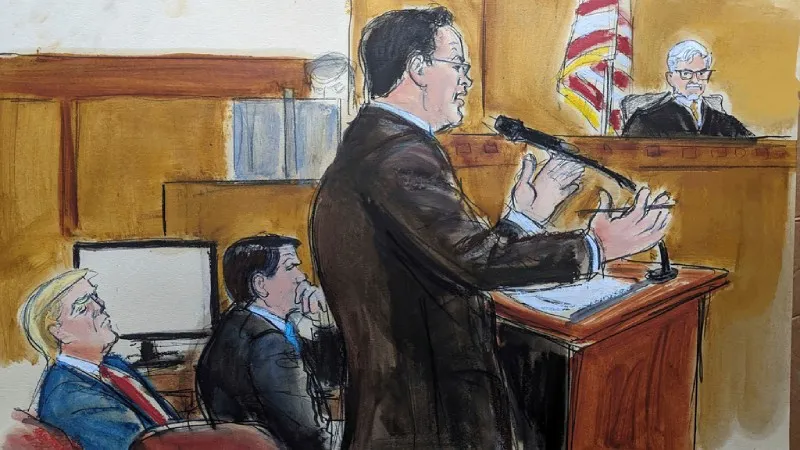 AP En este boceto de la sala del tribunal, el martes 28 de mayo de 2024, el fiscal adjunto de distrito Joshua Steingless presenta los argumentos finales de la fiscalía en el juicio penal de Donald Trump, en Nueva York
