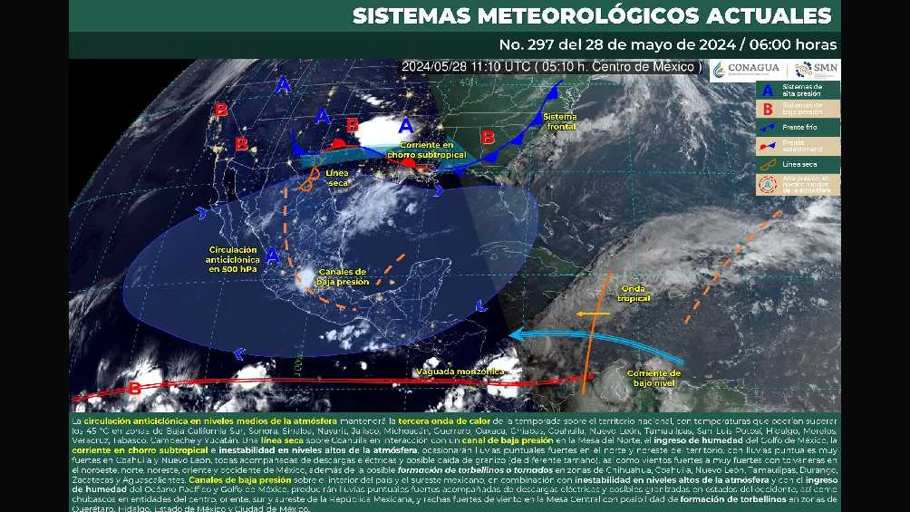 Twitter: @conagua_clima El SMN señala pronostica altas temperaturas, lluvias y rachas de viento en todo el país.