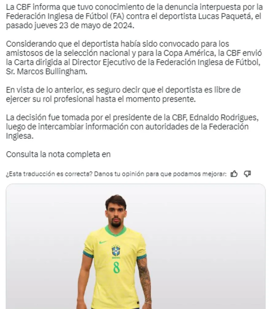 Así fue el comunicado de la Confederación Brasileña