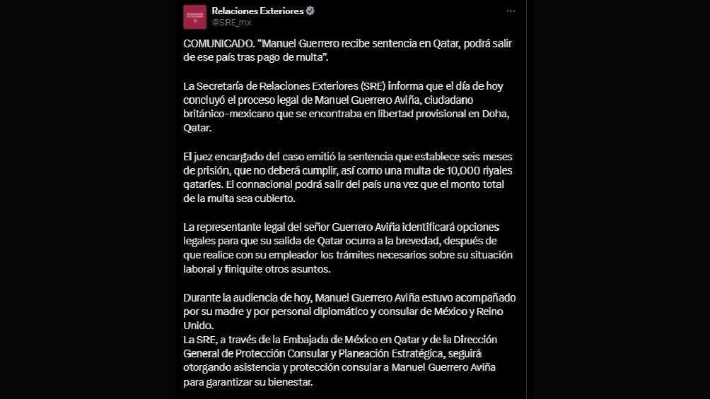 La Secretaría de Relaciones Exteriores informó la situación del mexicano.