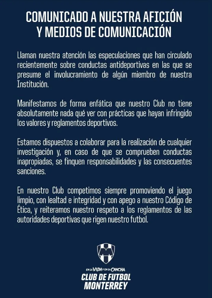 Así fue el comunicado del equipo regiomontano