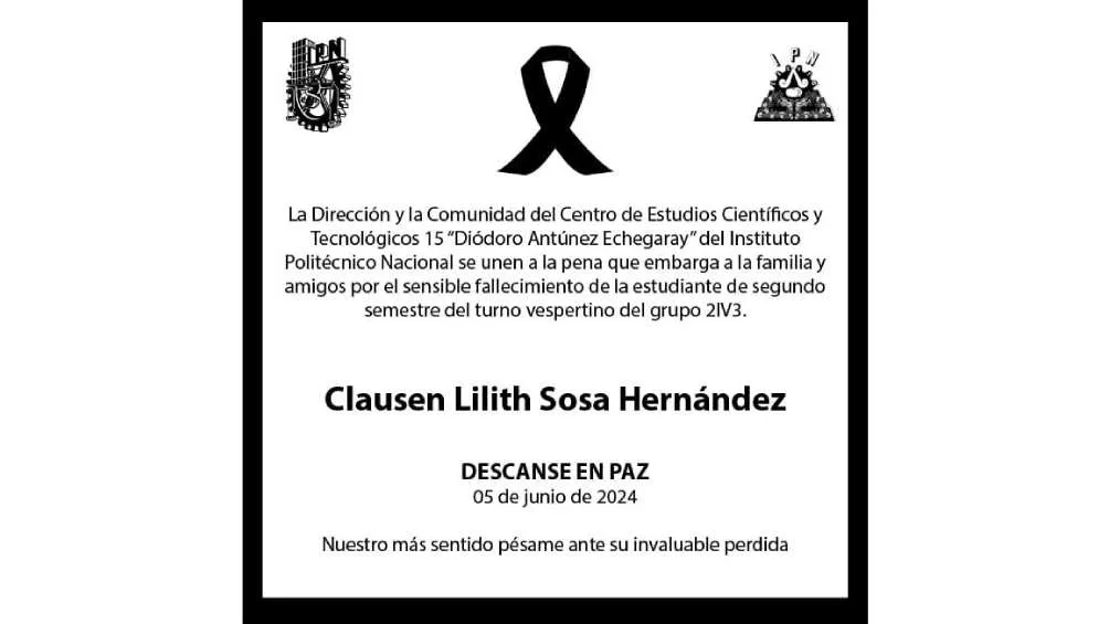 Facebook: Comunicad CECyT 15 Las autoridades del IPN lamentaron la muerte de la estudiante.