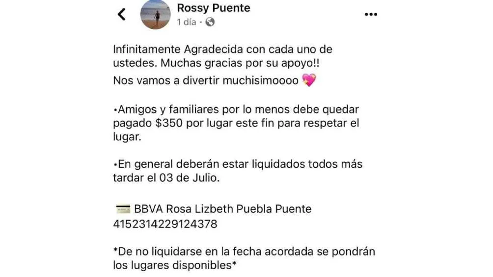 IG: @rossypueblapuente Para apartar un lugar en el evento la mujer solicitó un depósito de $350 pesos.