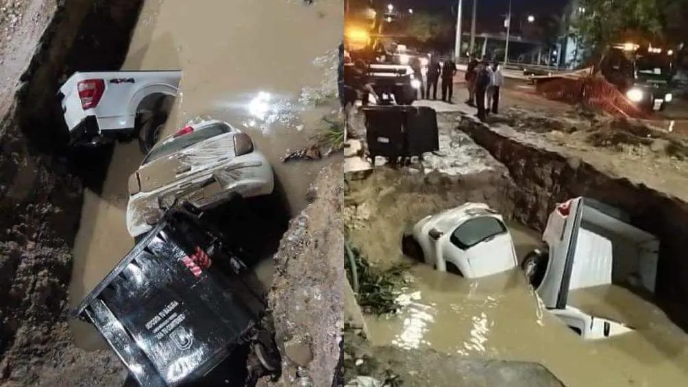 Twitter: @LaRespuestaChis Una zanja se llenó de agua, cayendo en ella varios vehículos.