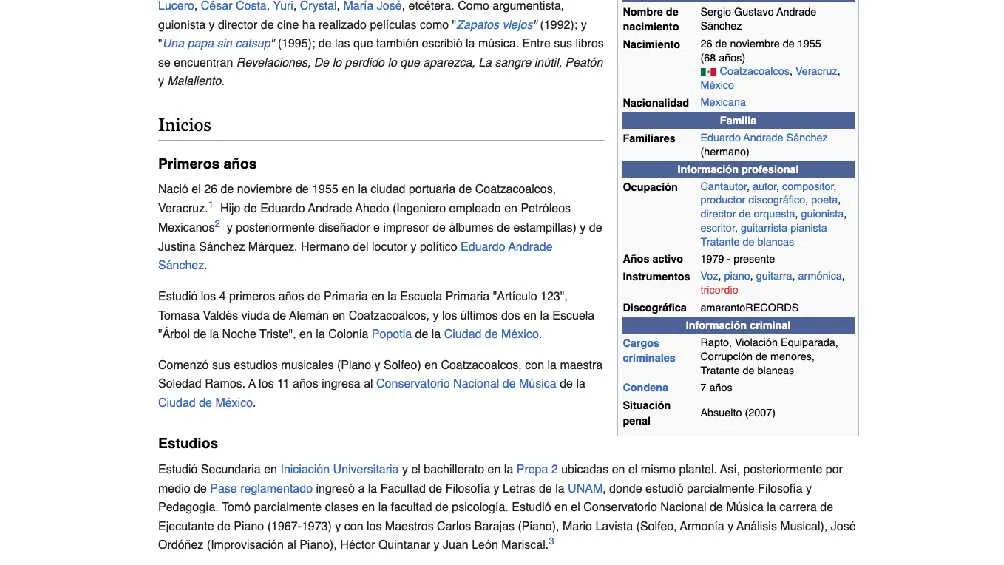 SITIO DE INTERNET: wikipedia.com En el perfil de Sergio Andrade en Wikipedia ya no se lee la fecha de su muerte.
