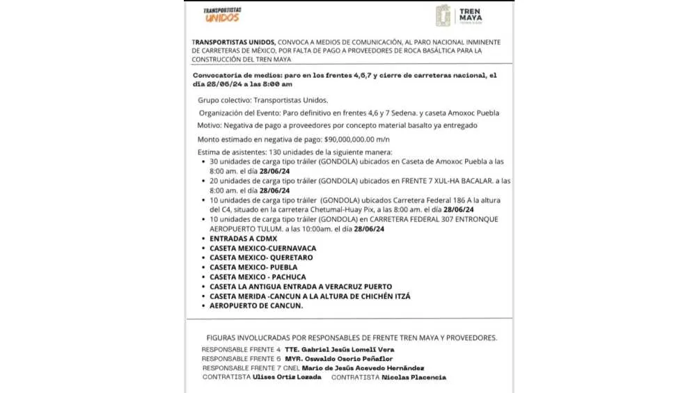 Colectivo Transportistas Unidos La exigencia es el pago de 90 mdp a proveedores de material para el Tren Maya.