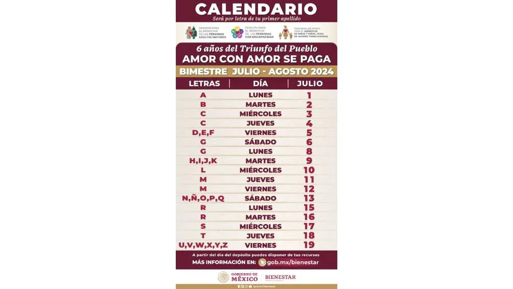 Twitter: @apoyosbienestar Este es el calendario en el que se realizarán los depósitos de acuerdo al primer apellido.
