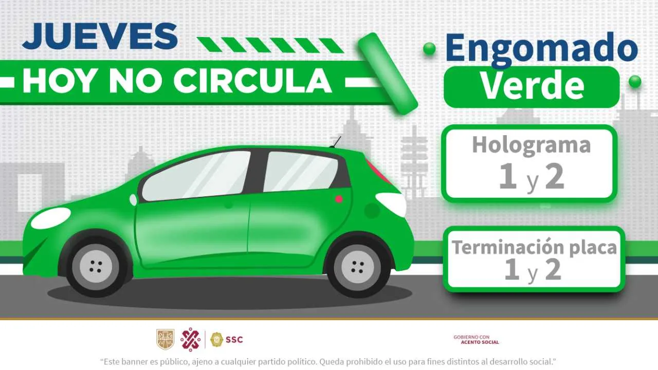 Autos engomado verde, terminación de placas y holograma 1 y 2 no circulan los jueves.